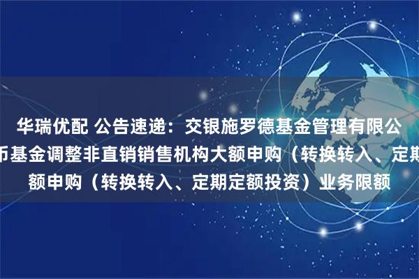 华瑞优配 公告速递：交银施罗德基金管理有限公司关于交银天益宝货币基金调整非直销销售机构大额申购（转换转入、定期定额投资）业务限额